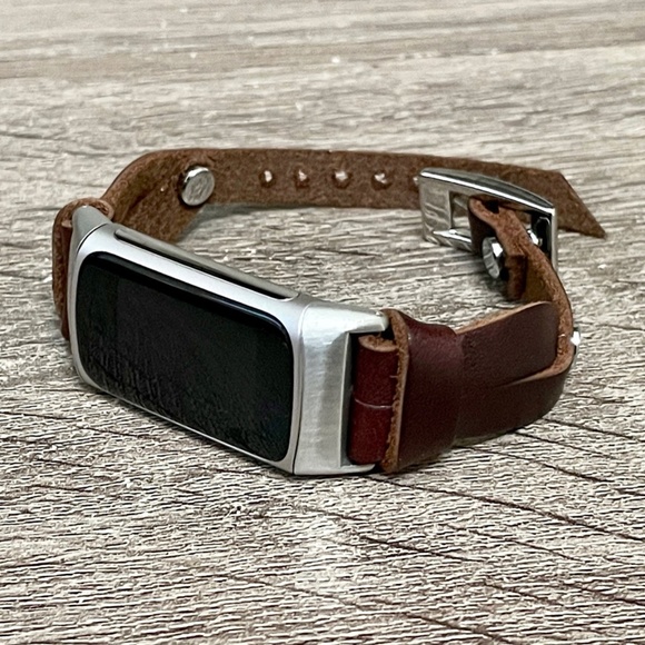 Slim Dark Brown Leather Strap Silver Fitbit Charge 5 Band Women Fashion Bracelet - Picture 7 of 8